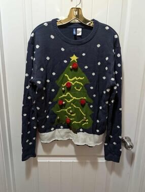Vintage Divided Blue Christmas Sweater Size S Holiday Beaded Festive Tree